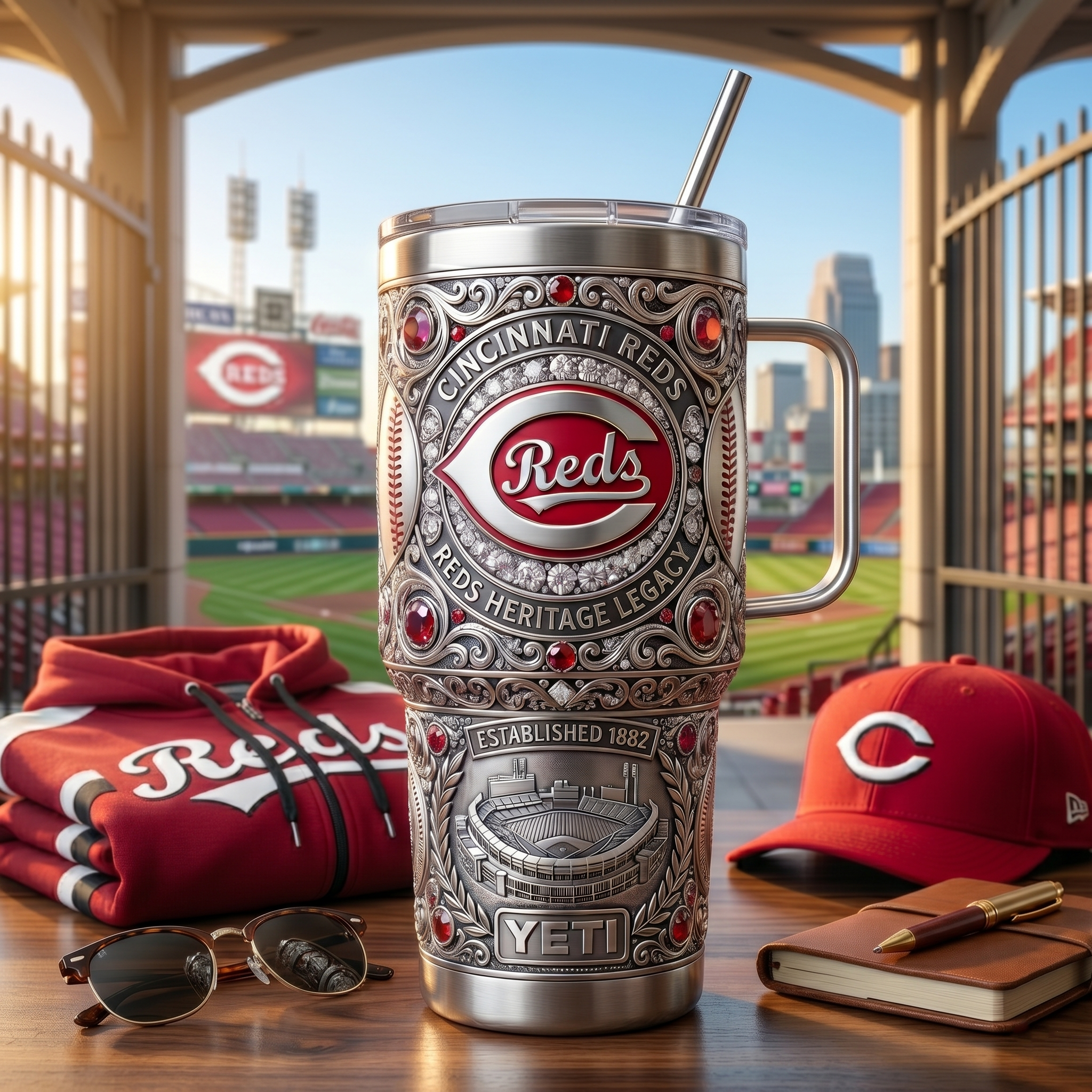 Cincinnati Reds 40 oz Tumbler with Handle and Lid