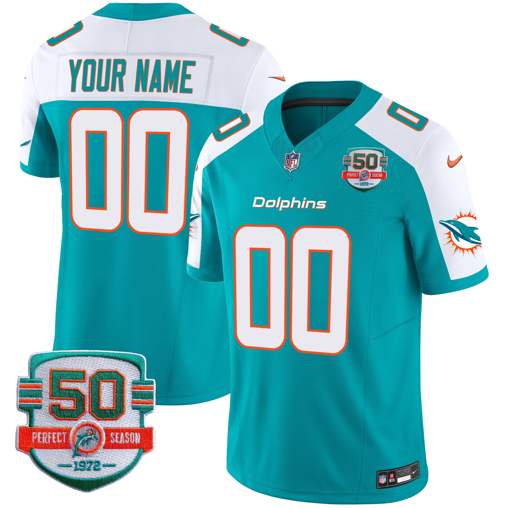 Dolphins 50th 1972 Perfect Season Patch Vapor Custom Jersey - All Stitched