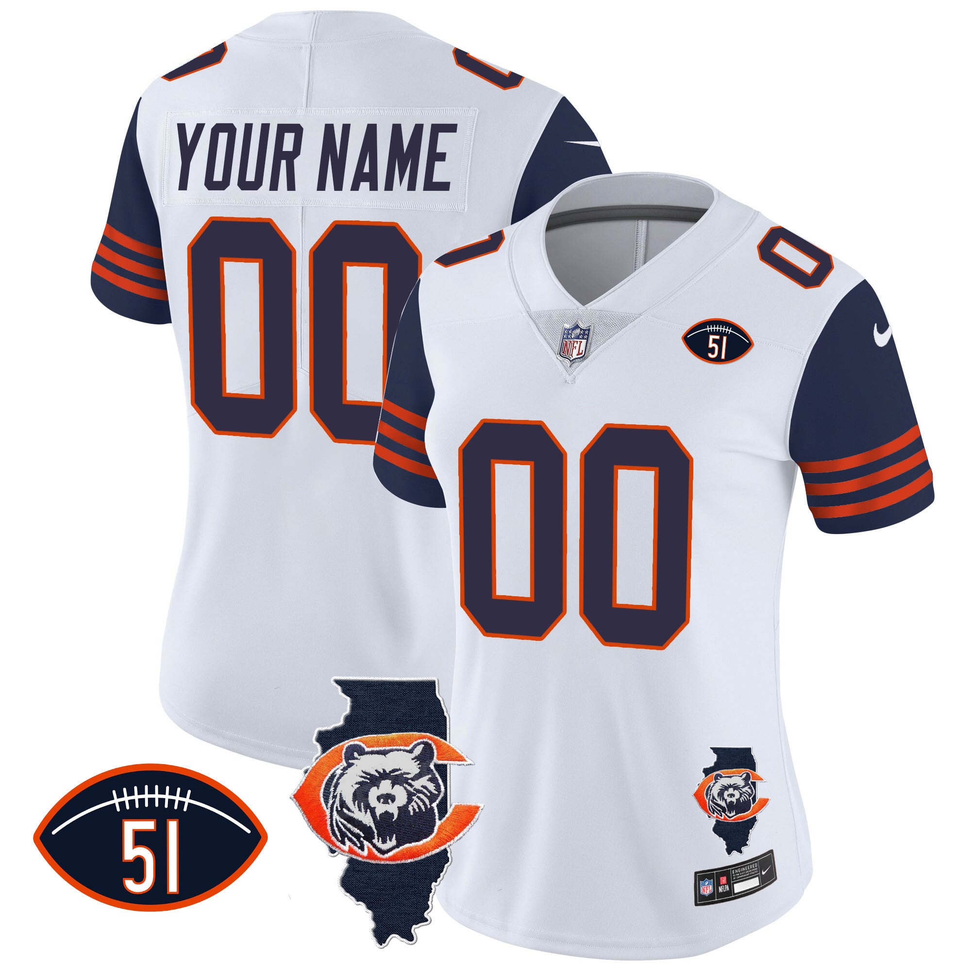 Bears Throwback Illinois Patch Vapor Custom Jersey - All Stitched