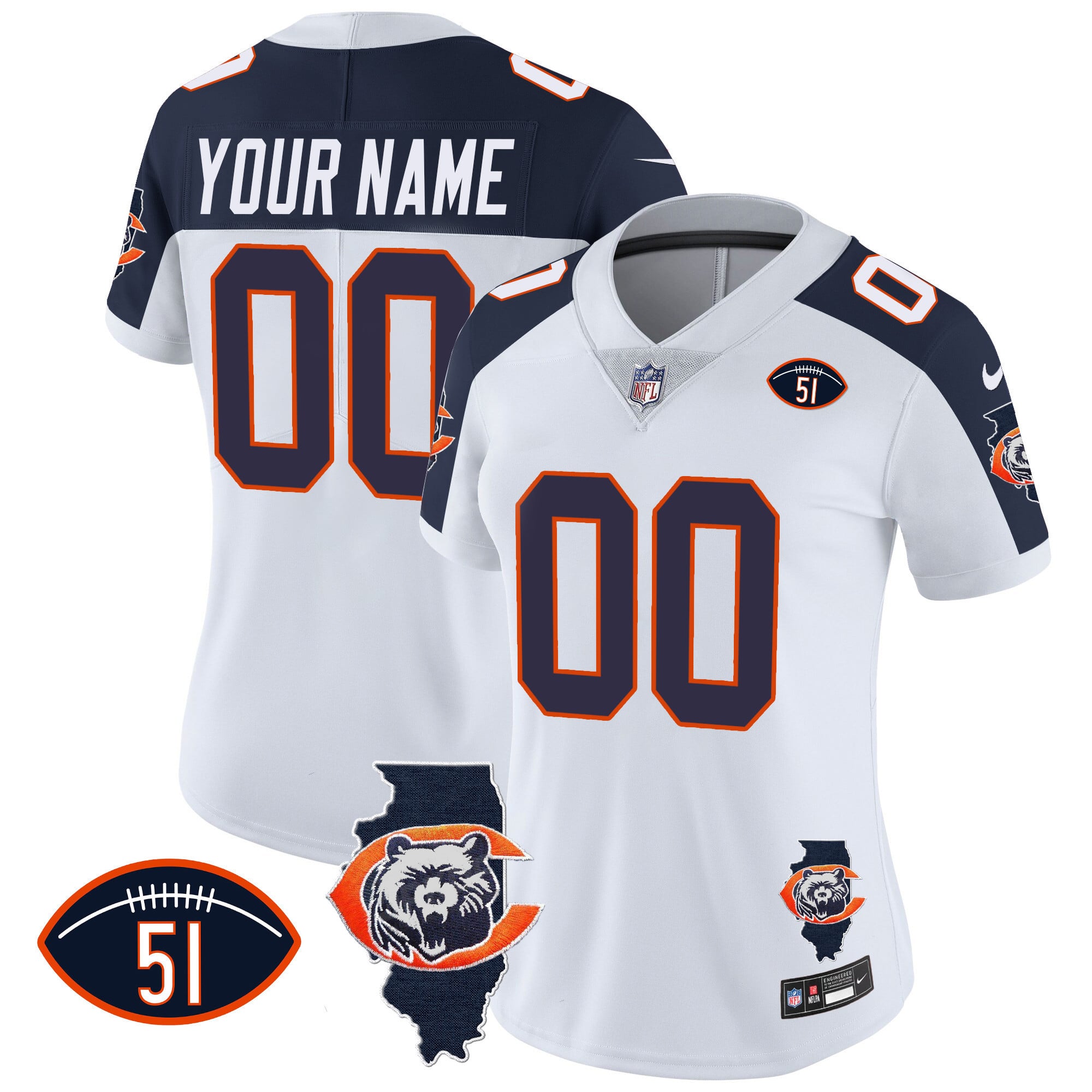 Bears Throwback Illinois Patch Vapor Custom Jersey - All Stitched