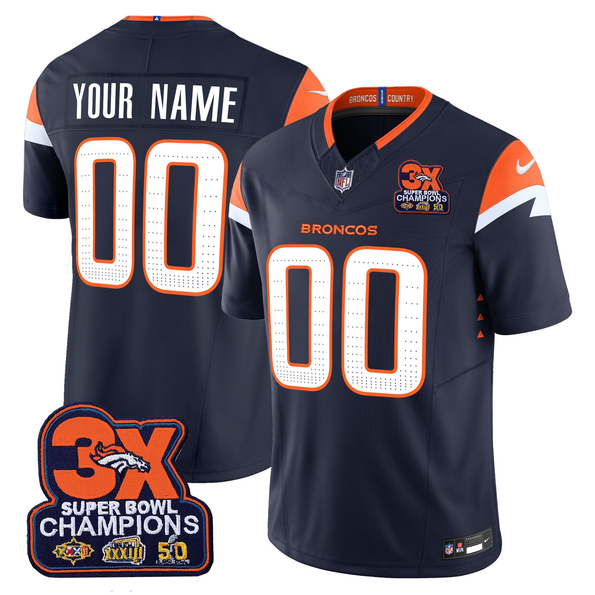 Custom Name/Gender Denver Broncos 3-Time Champions Patch Vapor Limited Jersey - All Stitched
