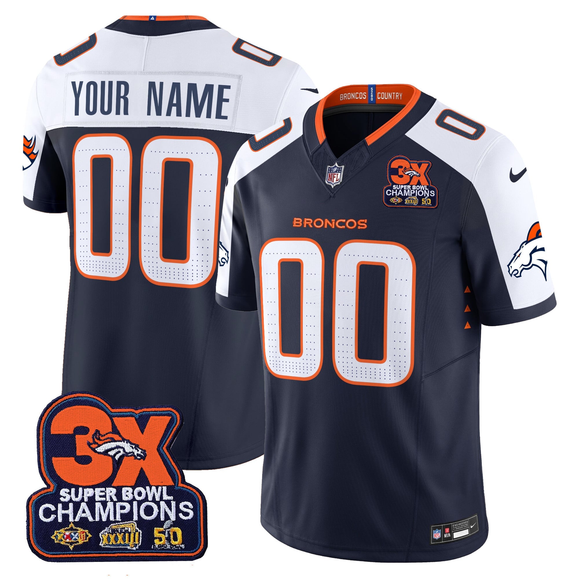 Custom Name/Gender Denver Broncos 3-Time Champions Patch Vapor Limited Jersey - All Stitched