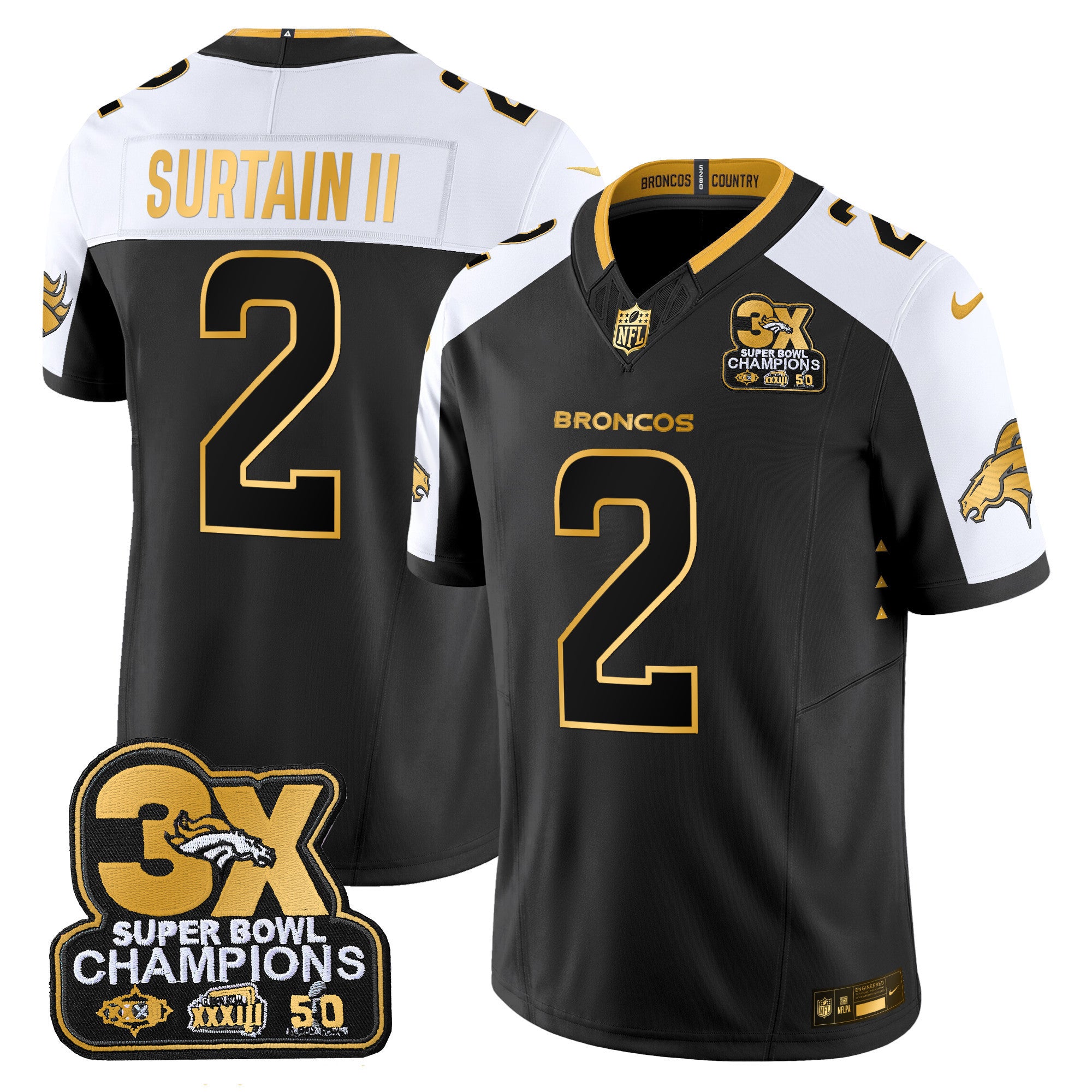 Men's Denver Broncos 3-Time Champions Patch Gold Vapor Limited Jersey - All Stitched