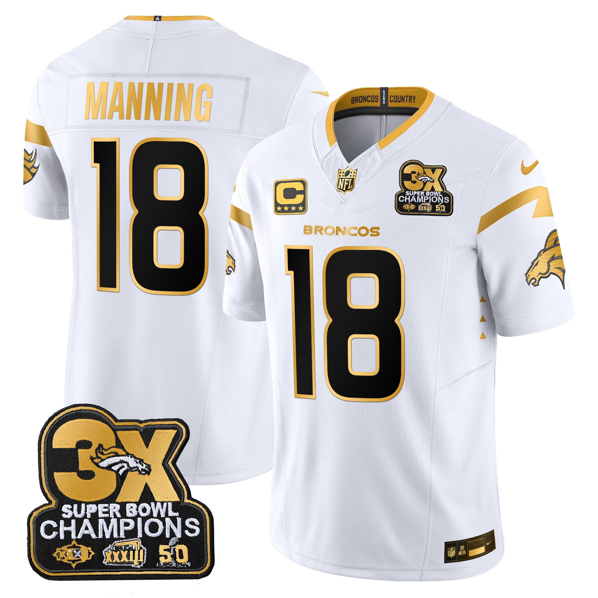 Men's Denver Broncos 3-Time Champions Patch Gold Vapor Limited Jersey - All Stitched