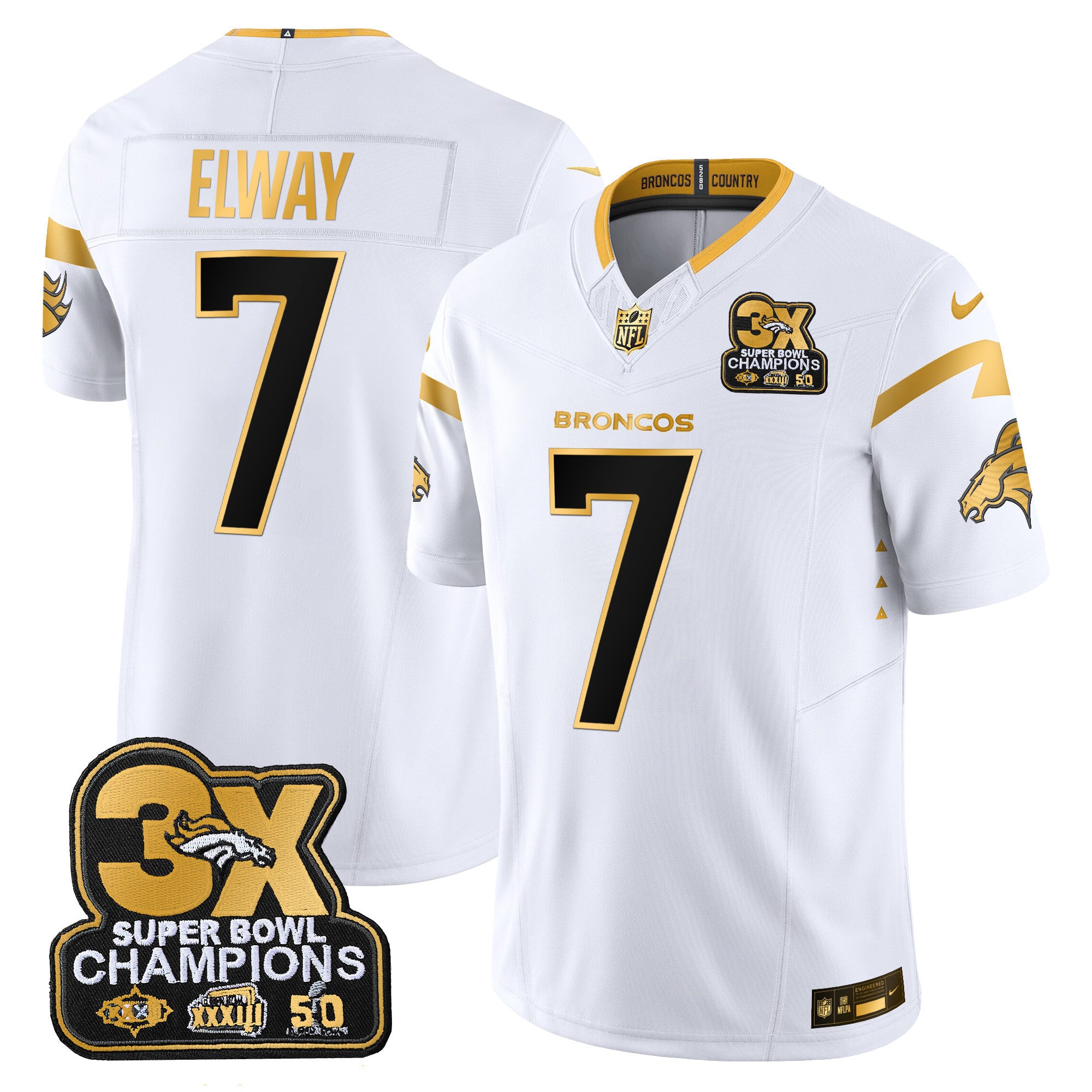 Men's Denver Broncos 3-Time Champions Patch Gold Vapor Limited Jersey - All Stitched