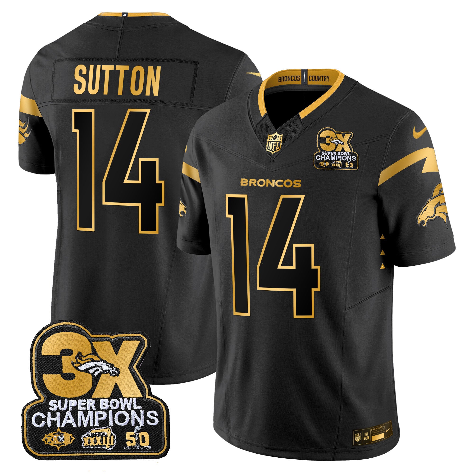Men's Denver Broncos 3-Time Champions Patch Gold Vapor Limited Jersey - All Stitched