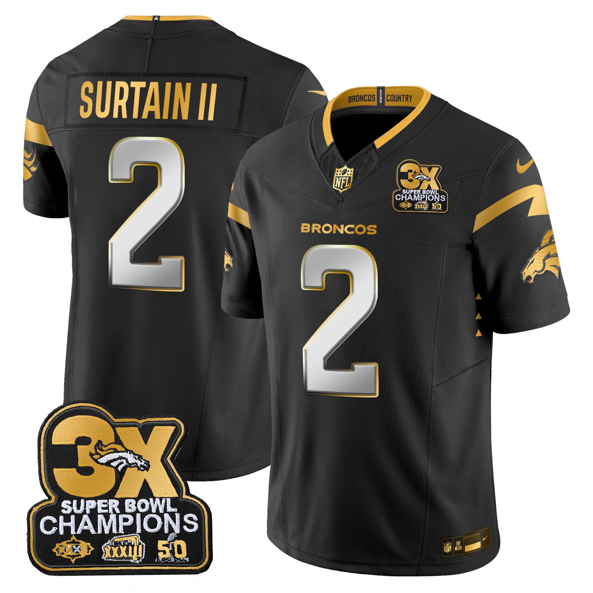 Men's Denver Broncos 3-Time Champions Patch Gold Vapor Limited Jersey - All Stitched