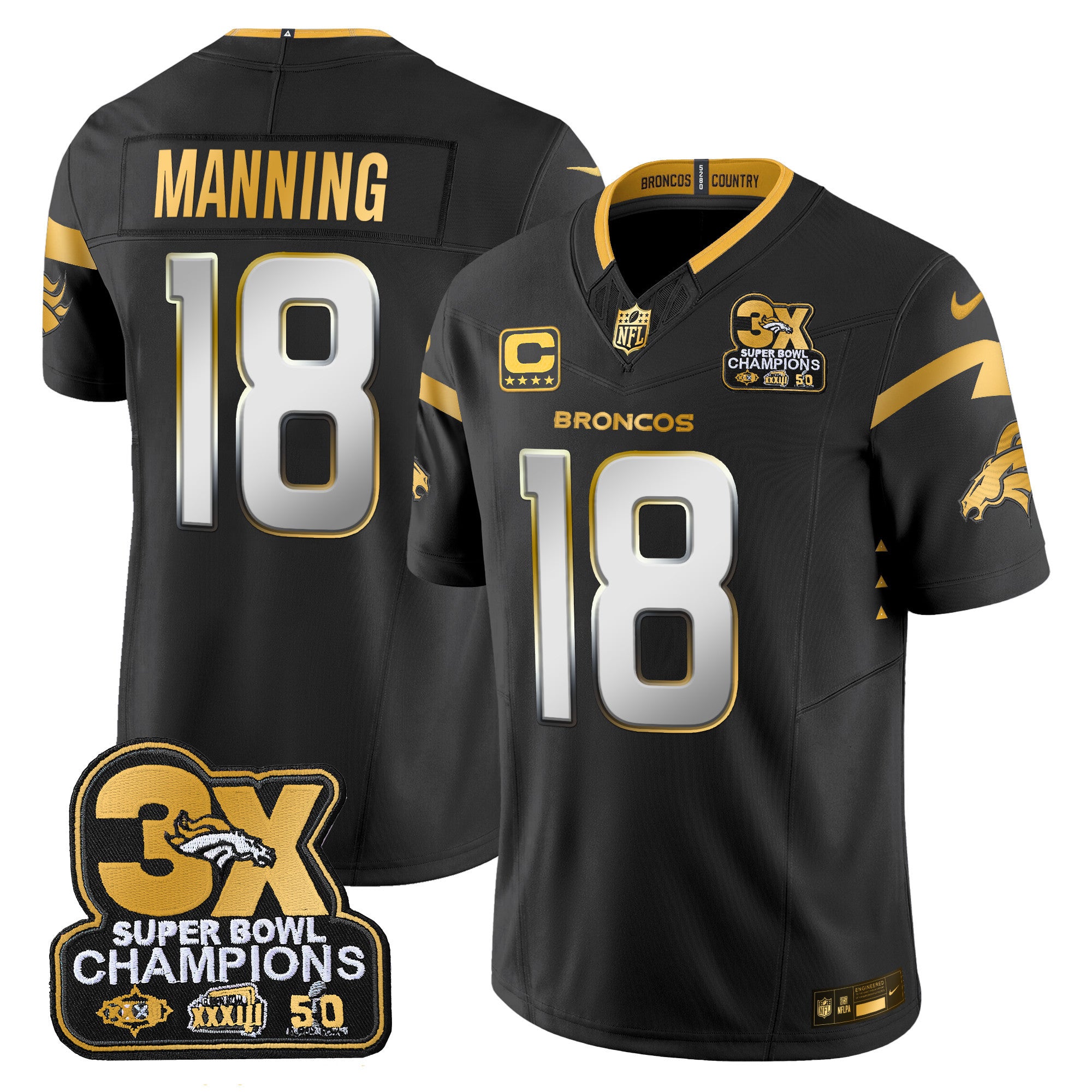 Men's Denver Broncos 3-Time Champions Patch Gold Vapor Limited Jersey - All Stitched