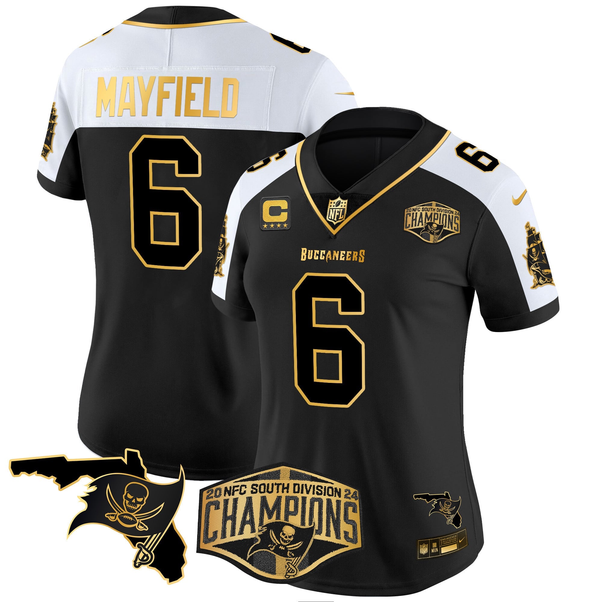 Women's Buccaneers 2024 NFC South Division Champions Patch Gold Vapor Limited Jersey - All Stitched