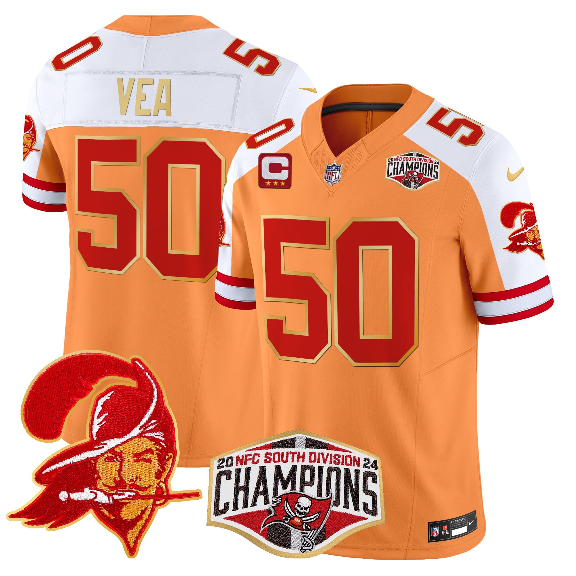 Men's Buccaneers Creamsicle 2024 NFC South Division Champions Patch Gold Trim Vapor Limited Jersey - All Stitched