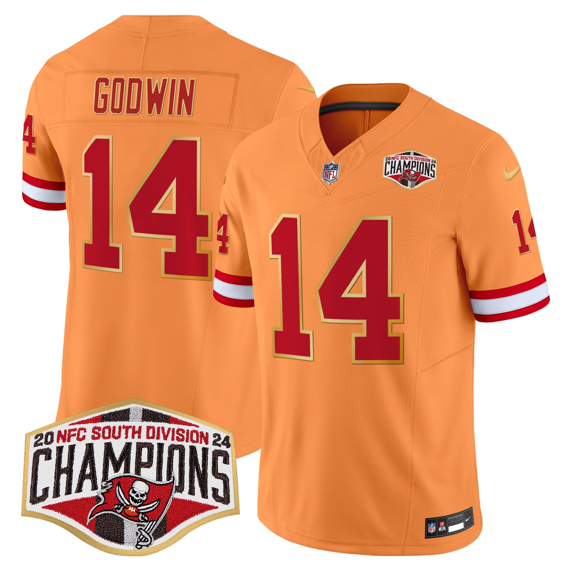 Men's Buccaneers Creamsicle 2024 NFC South Division Champions Patch Gold Trim Vapor Limited Jersey - All Stitched