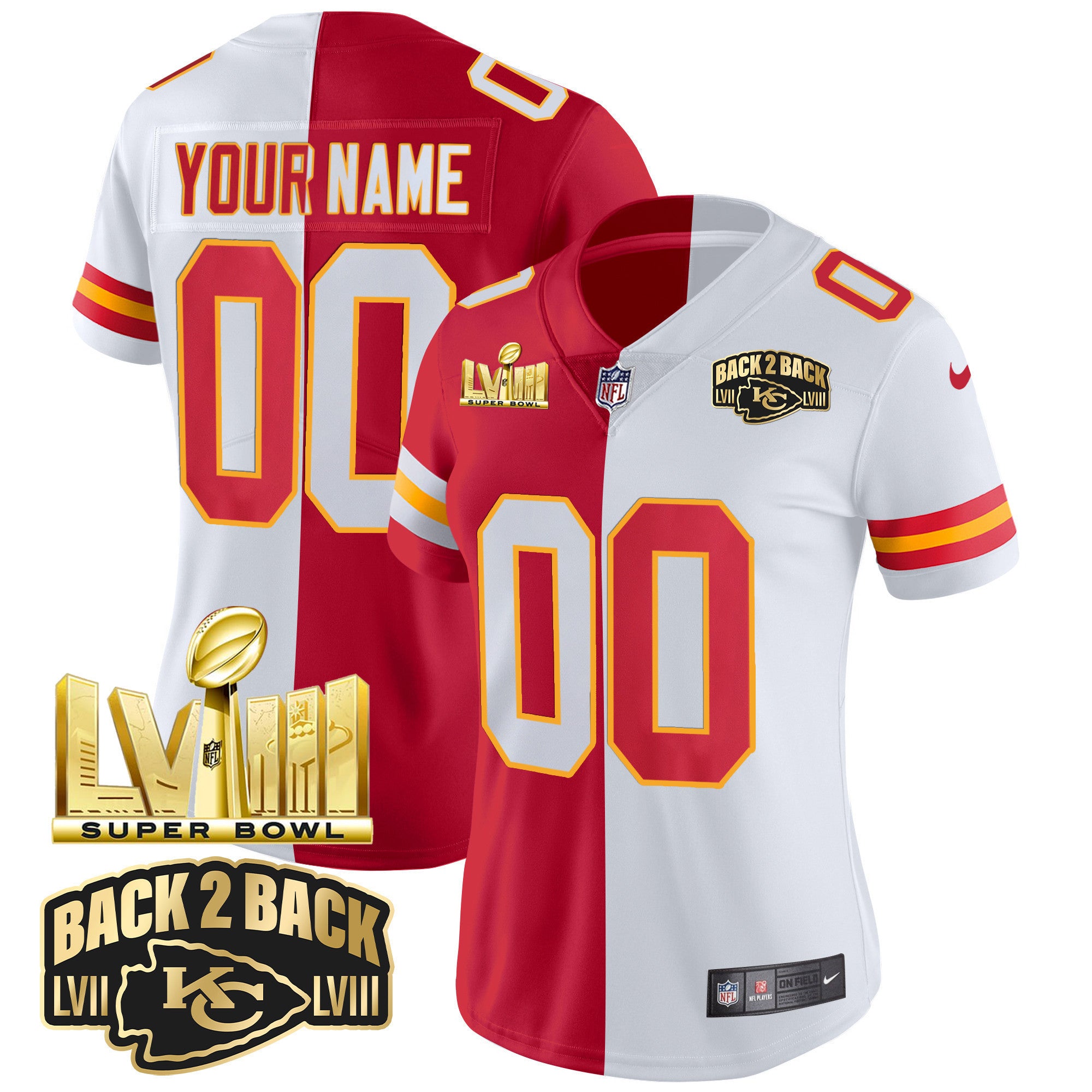 Chiefs Super Bowl LVIII & Back 2 Back Gold Patch Vapor Custom Jersey V2 - All Stitched