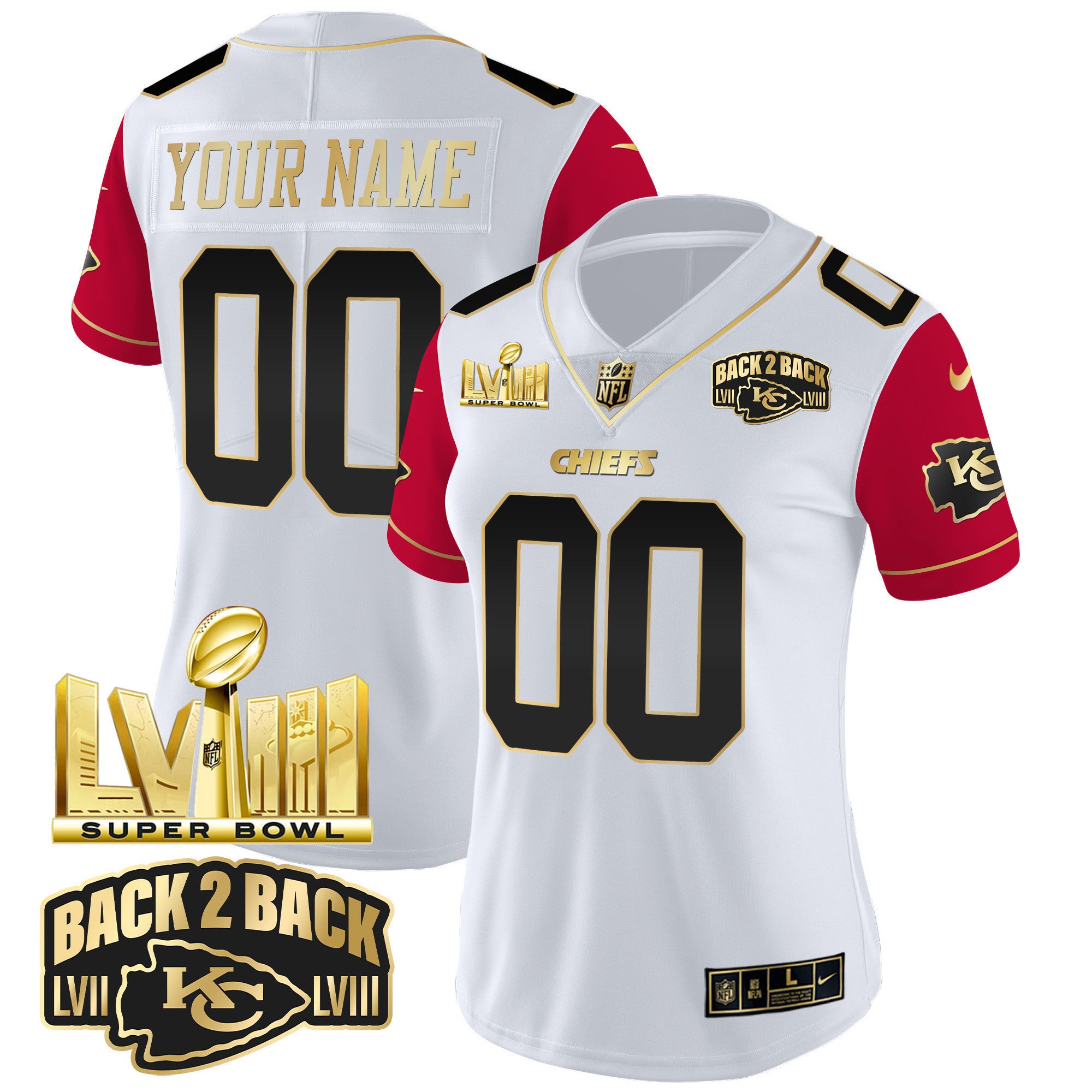 Chiefs Super Bowl LVIII & Back 2 Back Gold Patch Vapor Custom Jersey V2 - All Stitched